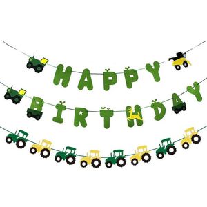 Banners Streamers Confetti Green Tractor Banner Birthday Banner Set Felt Tractor Garland Banner Fazenda Festa com Festa de Aniversário Decorações de Decorações D240528