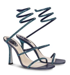 고급스러운 Rene Cleo Sandals Shoes 여성 크리스탈 로스트 힐 반짝이는 밑바닥 caovilla crystals 나선형 발목 스트랩 레이디 Sandalias eu35-43 with box6568873