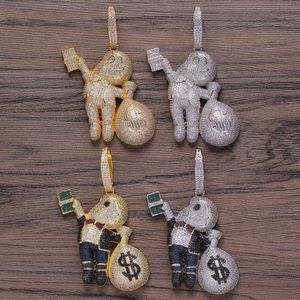 Small Size High Quality Brass CZ stones Cartoon Men Money Bag Necklace Hip hop pendant Jewelry Bling Bling Iced Out CN199 Y1220 210s