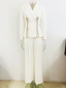 2024 Summer White Rhinestone Dwóch kawałków Press Designer Lapel Scyk Split Suit i długie spodnie 2 sztuki 52815