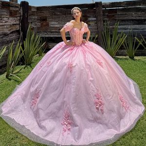 Różowy błyszcząca sukienka Quinceanera z ramion meksykański vestidos de 15 księżniczka Słodka 16 urodziny XV Ball suknia Kopciuszka