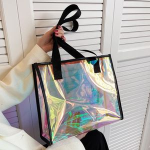 Kvällspåsar laser färgglada PVC Clear Women's Bag 2022 Summer Fashion Tote stor kapacitet kvinnlig axel shoppare damer handväska 248m