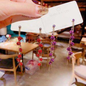 2024 NY 925 Silver Needle Japanese and Korean Rose Earrings Long Style Tassel High Quality Flower Net Red