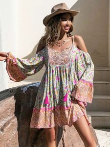 Boho Inspired Floral Print Rayon Mini Boho Dress for Women Off Shoulder V-Neck Half Sleeve Bohemian Boho Beach Summer Dress 240528