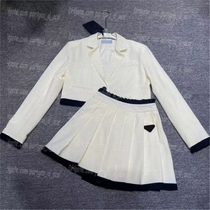 Women Cropped Blazer Skirt Set Contrast Color Pleated Sexy Mini Dress Skirts White Charming Casual Suit 3297