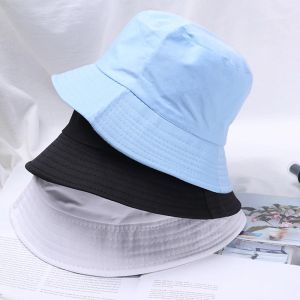 Unisex Cotton Bucket Hats Summer Foldable Sunscreen Panama Hat Solid Color Hip Hop Wide Brim Beach UV Protection Fisherman Hat
