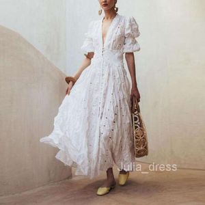 2024 Summer New Womens Deep V Bubble Sleeves Lace Dress with Hollow Long Skirt New