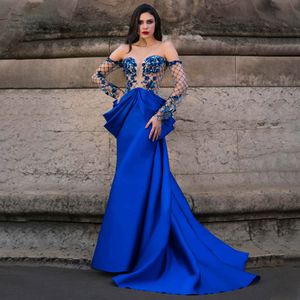 Royal Blue Overskirt Evening Dresses Off the Shoulder Long Sleeve Beaded Red Carpet Celebrity Dress 2024 Sequin Flower Mermaid Vestidos de Fiesta