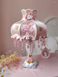 Table Lamps Pink Flowers European Fabric Bedroom Wedding Room Lamp Pastoral Princess Luxury Decor Resin Lights Fixtures