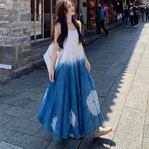 Casual Dresses Summer Holiday Long Midi Camisole Dress For Women Fashion Blue Tie Dye Loose Seaside Beach Suspender A Line