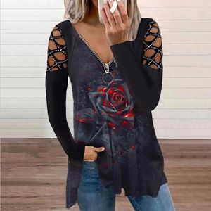 Women's Blouses Rose Flower Print Blouse 2024 Spring Zipper V-neck Long-sleeved Hallow Out Casual Tops Womens And Blusas