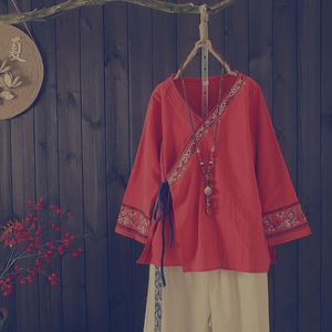 Ny vårkinesisk traditionell tang kostym kvinnlig kostym vintage blus långärmad snörning broderi topp för kvinnor hanfu blus