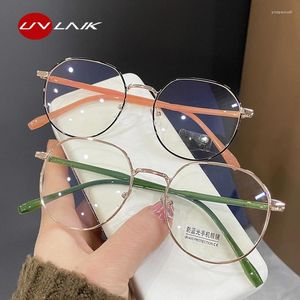 サングラスフレームUVLAIKアンチブルーライト光学メガネフレーム女性ファッションレトロ楕円形の金属眼鏡男性透明な処方箋