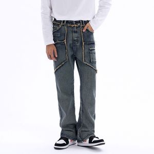 Zwykłe kieszenie umyte proste męskie spodnie dżinsowe rozryte luźne swobodne unisex dżinsowe spodnie Hip Hop 208v