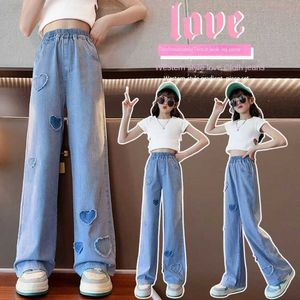 Pantaloni 2024 jeans in stile casual per ragazza vestiti adolescenti ricami pantaloni a gamba larga primaverili per bambini grandi bambini dritti 5-16y y240527