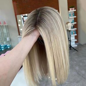 Peruwiańskie miękkie włosy Krótkie Bob Ombre Blondynka 613 Jedwabujący prosta 180 -gęstość głęboka koronkowa peruka przednia dla czarnych kobiet Babyhair Wstępnie przyspieszone wchylenia dziennie