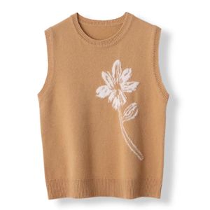 Womens 100% pure wool round neck vest chic Embroider autumn winter sleeveless DIY loose short split knit sweater 240524