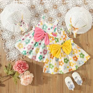 Flickas klänningar sommar ny baby klänning fast färg stor bågband ldrens prinsessa tecknad blomma casual h240527