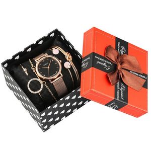 Kvinnors armbandsklockor Set Rose Gold Quartz Analog klockor för damer i rostfritt stål Remsur för kvinnlig 201204 261W