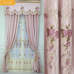 Cortina de cortina de tela bordada rosa cortinas de veludo bordadas para a sala de estar quarto de janela francesa villa villa acabado produto valance