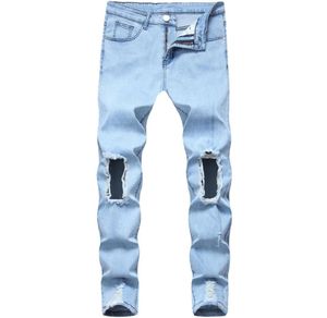 Men039s Jeans Mens Fashion Light Blue Hole Denim Pants Ripped Distressed Slim Pencil Motorcykel Top Quality4560635