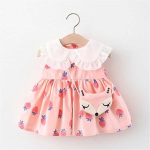 Girl's Dresses Girls Summer Sleeveless Dresslace Neck Small Fresh Style Dress Lovely Cotton Strawberry Print Giftsame Bag H240527