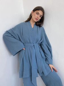 Roupas domésticas NHKDSASA Cotton Nightgown Robe Pijama Sets Flare Trouser Suits Sleeves Drop Set Woman 2 Pieces Bathrobe