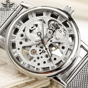 SEWOR MECHANical Watch Silver Fashion Stael Stal Pasek Siatka Mężczyźni Szkielety zegarki Top Marka Luksusowa Mężczyzna na rękę J190706 3115