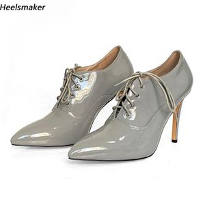 Heelsmaker Handmade Women Pumps Patent Leather Lace Up Pointed Toe Fabulous Grey Party Shoes Ladies US Size 5156004164