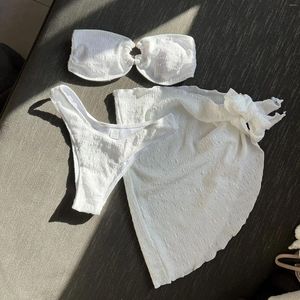 Kadın Mayo Düz Renkli Mayo Kadınlar 2024 Yaz 3 Parça Etek Bikini Seksi Strapless Sırtsız Brezilya Mayo Kıyafet Yüksek Bel