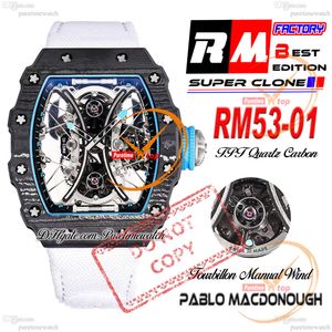 Pablo MacDonough 53-01 Manual Wind Tourbillon Mens Assista RMF Black TPT Quartz Carbono Squeleto de Carbono Dial Branco Strap Super edição