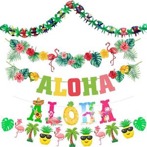 Banners Streamers Confetti Hawaiian Aloha Luau Party Banner Tropical Palm Leaves Flowers Flamingo Garlands Summer Pool Beach Birthday Party Decoration d240528