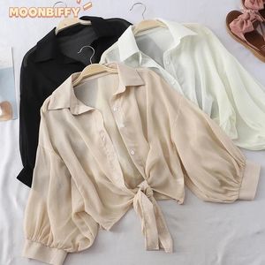 Frauenblusen 2024 Sommer Casual Bluse Chiffon Hemden Frauen gebunden Taille halb Ärmel geknöpftes Hemd lose elegant für