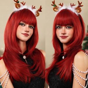 Röd lång rak peruk med lugg cosplay syntetiska hår peruker rött skiktade naturliga ser peruker kvinnor hög temperatur falskt hår