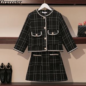 Vintage Autumn Winter Elegant 2 Piece Set Women Pearl Button Short Tweed Jacket Coat High waist Mini Skirt Outfits 240516