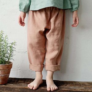 Mori Retro Cotton Linen Boys and Girls calças retas de verão nova cintura elástica calça casual solta com calça infantil de bolso L2405