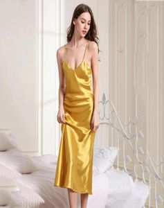 Sexig lång sömnklänning Satin Rayon Sleepwear Solid Nightie Nightgown Women Nightdress Intemate Lingerie Women Nightwear Bath Gown4000008