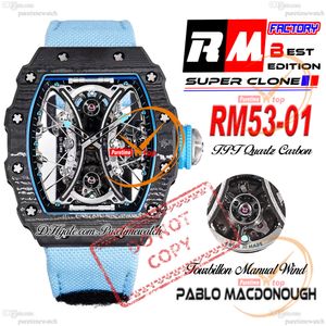 Pablo Macdonough 53-01 Ручный ветер Реал Турбильон Мужчина Смотреть RMF Черный TPT Quartz Carbon Skeleton Dial Blue Nylon Strap Super Edition Puretime Reloj Ptrm