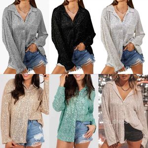 2024 Autumn Womens Fashion Sequins Long sleeved Polo Neck Elegant Casual Shirt