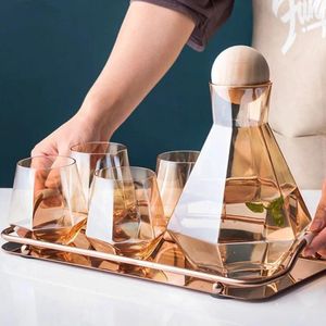 Teaware Sets 5 Pcs Set Cold Water Pots Glass Carafe Wood Lid Decanter Pitcher Wine Whiskey Beer Juice Drinking Kettles