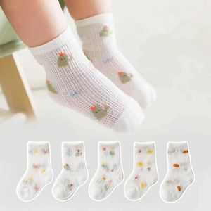 Barnstrumpor 0-5y 5Pares Childrens Mesh Socks Spring and Summer Newborn Socks Baby Boys and Girls Combed Cotton Cartoon Childrens Socks D240528