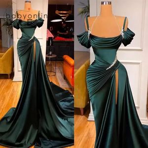Elegant Dark Green Mermaid Evening Dresses Stunning Off-the-Shoulder Mermaid Prom Dress Ruffles With High Split Long Vestidos de fiesta 323S