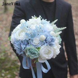 Wedding Flowers JaneVini Charming Blue White Beach Bridal Bouquets Artificial Silk Roses Summer Korean Bouquet Flower For Bride Boho