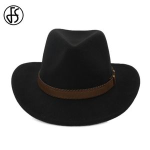FS 2020 Ladies Winter Cotton Black Vintage Trible Felt Fedora Hat For Men Wide Brim Cowboy Style With Leather Belt Jazz Cap 216a