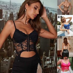 Women's Tanks Camis Summer mesh sexy full top womens lace tight corset top spaghetti shoulder strap bone out crop top S245287