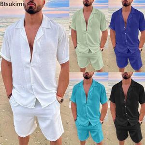 Tracki męskie nowe 2024 Summer bawełniane zestawy bielizny solidne koszule klapowe z krótkim rękawem i szorty Man Hawaiian Beach Holiday Sets Q240527