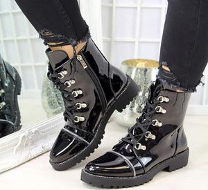 Women Motorcycle Boots Autumn Fashion Patent PU Round Toe Laceup Combat Shoes women shoes Ladies Snow Office Boots drop 21508411