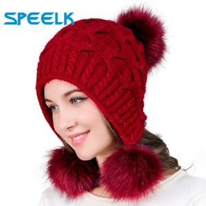 Beanie Skull Caps Women Hats Autumn Winter Wool Beanies Hat Three Hair Ball Back Open Knit Double Thick Fur Bonnet Beanie Cap 289x