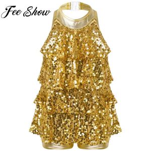 Kids Girls Shiny Sequin Ballet Jazz Dance Leotard Halter Neck Sleeveless Dress for Stage Performance Party Daily Wear L2405