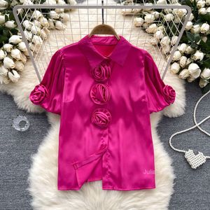 High end chic top for women with a sense of design and niche three-dimensional flower bubble sleeves versatile French satin top for womens summer wear